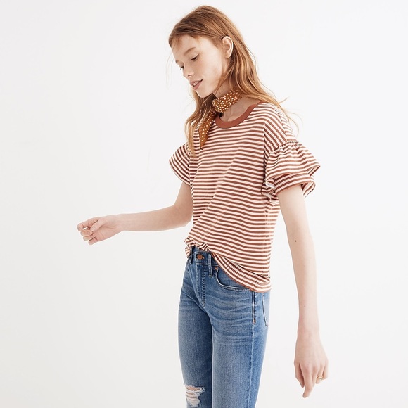 XS Madewell Ruffle-Sleeve Tee in Stripe - Picture 4 of 10